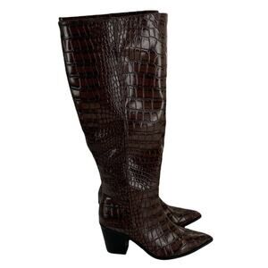 Comfort Faux Crocodile Print Boots Womens Brown Knee High Block Heel Size 7M